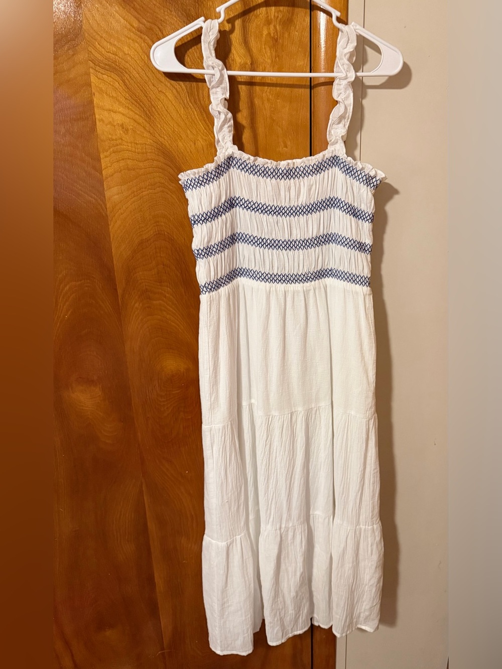 White Sundress with Blue Smocked Bodice